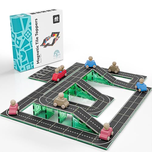 Learn & Grow Road Toppers 40PCs, Magnetic Tile Accessory, Magnet Building Set Road Pack Add on- STEM Building Toy & Learning Educational Magnet Construction Toddler