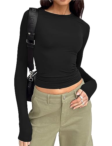 Cioatin Women’s Long Sleeve Round Neck Crop Top Tee Shirt Basic Solid Y2K Tight Slim Fit Cropped Shirt Workout Yoga, Black, Small