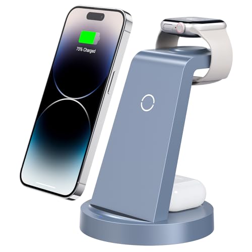 3 in 1 Charging Station for iPhone, Wireless Charger for iPhone 16 15 14 13 12 11 X Pro Max & Apple Watch - Charging Stand Dock for AirPods (Blue)