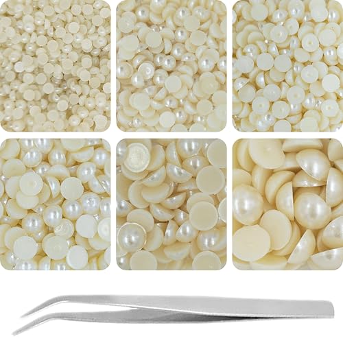 INDIKONB Half Cut Pearls for Jewellery Making Craft, Round Flat Back Pastable Acrylic Pearls for Art, Craft, Scrapbooking, Decoration (Cream, Small)