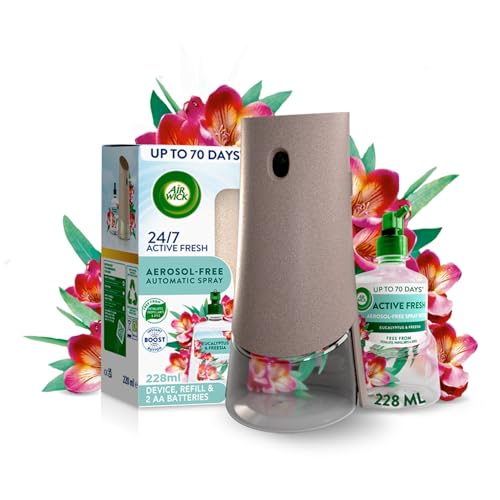 Air Wick Aerosol-Free Automatic Air Freshener Spray Kit, Eucalyptus & Freesia, 1 Gadget & 1 Refill (228ml), 24x7 Active Fresh Odour Neutraliser, Lasts Up to 70 Days, Air freshener For Home