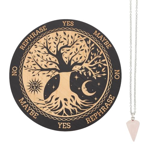 INFUNLY Witch Pendulum Board Tree of Life Round Wooden Divination Board 7.9" Sun Moon Metaphysical Message Board with Crystal Necklace Witchcraft Wicca Altar Supplies Kit