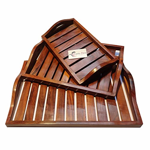 CartaDen Wooden Serving Trays Unique Style with Round Handle Large, Medium and Small for Food, Wooden Trays for Breakfast - Natural Wood and Brown (Set of 3)