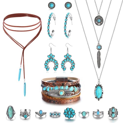 Finrezio Turquoise Jewelry Set For Women Bohemian Western Jewelry Turquoise Necklace Turquoise Faux Leather Cuff Bracelet Turquoise Hoop Dangle Earrings Turquoise Joint Knuckle Rings