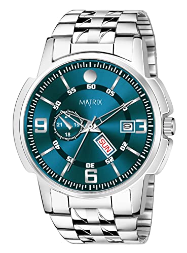 Matrix Black, Blue, White Dial, Day & Date Functioning, Stainless Steel Strap Analog Watch for Men & Women (Green)