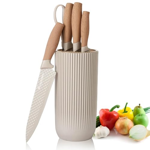 Messer Set, 6-teiliges Khaki Scharfes Messerblock Set für Küche, Antihaft Rutschfestes Edelstahl-Kochmesser-Set mit Universal-Messerblock Geeignet für Home Restaurant Picknick (Khaki)
