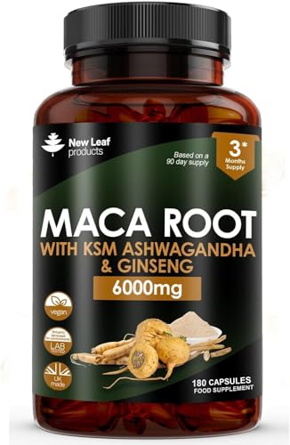 Maca Root Capsules with KSM Ashwagandha and Ginseng - 180 High Strength 6000mg Maca Root + Ashwagandha KSM-66, Panax Ginseng & Black Pepper - Vegan Capsules Made in The UK