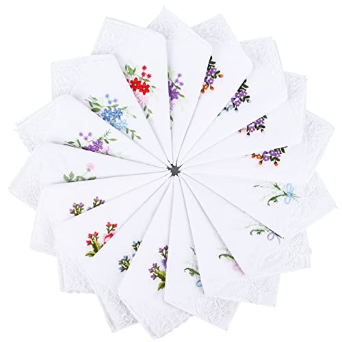 20 Pcs Cotton Women's Handkerchiefs White Flower Embroidery Hankies with Lace for Wedding Party