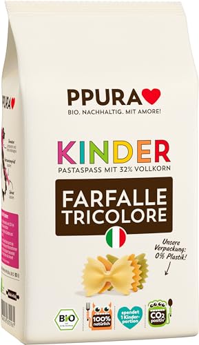 PPURA Bio Pasta Kinder Farfalle Tricolore 500g – Bio Farfalle Nudeln mit 32% Vollkornanteil, Made in Italy – Ohne Zucker, Zusatzstoffe & Farbstoffe, traditionell hergestellt & nachhaltig verpackt