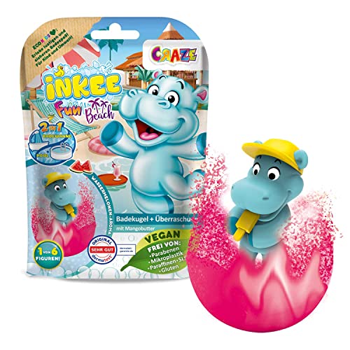 INKEE FUN BEACH | Badekugel Kinder mit Überraschung, Badebombe Kinder mit Hippo Stempel, Mit Mangobutter & Wassermelone-Duft