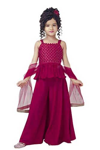 Angel f Studio Girls Embroidered Rayon Crepe Blend Suit with Sharara Pants And Dupatta Set (11-12 Years, Rani)