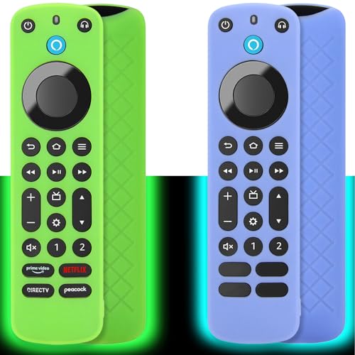 [2 Pack] Pinowu Remote Cover Case (Glow in The Dark) Compatible with Firetv Voice Remote Pro (2022 Released), Anti Slip Shockproof Silicone Sleeve with Wrist Strap (Green & Sky Blue)