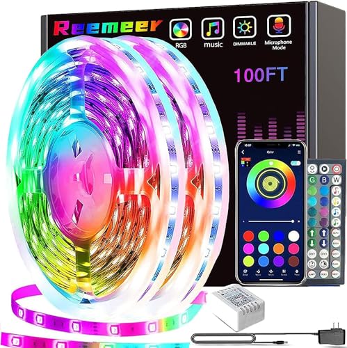 REEMEER Led Lights 100ft Smart APP Control Music Sync Strip Lights RGB Color Changing Strips with Remote, for Bedroom Kitchen and Party