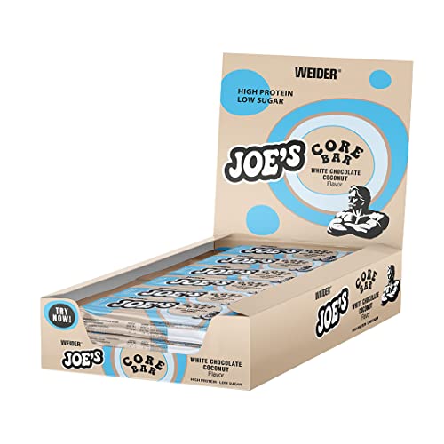 WEIDER Joe's Core Bar, leckerer Proteinriegel mit weichem Eiweißkern und zartem Milchschokoladenüberzug, Eiweißriegel mit über 31% Protein, zuckerarm, White Chocolate Coconut, 12 x 45g