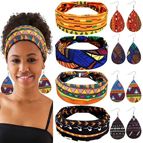 4 Paar Afrikanische Kunstleder Ohrringe, 4 Stück Afrikanische Stirnbänder, Tropfen Blatt Anhänger Ohrringe Breite Elastische Knote Haarbänder mit Boho Druck für Mädchen Damen