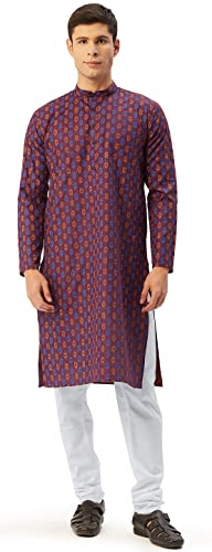 Cotton Kurta Pajama Indian Printed Festival Kurta Pajama Men (Maroon, XXL)