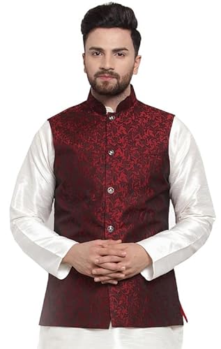 Men's Traditional Indian Outerwear Vest Jacquard Waistcoat (Maroon, XL)