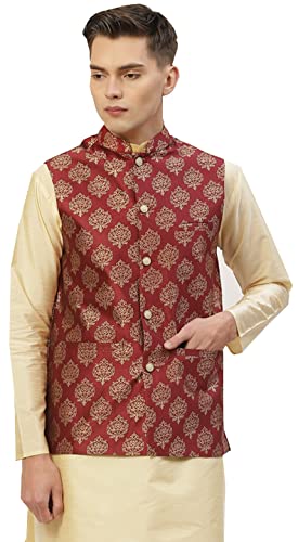 Men's Brocade Silk Nehru Jacket Traditional India Waistcoat (Maroon, S)