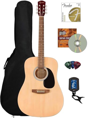 Fender Dreadnought Acoustic Guitar - Natural Bundle with Gig Bag, Tuner, Strings, Picks, Fender Play Online Lessons, and Austin Bazaar Instructional DVD