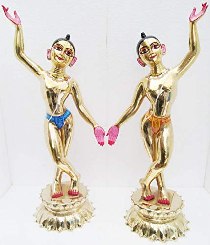 Aashita Creations Astadhatu Metall Shri Nitai Gaur Chaitanya & Nityanand Mahaprabhu Messing Idol - Down Hand Design - Standard, Golden (10 cm)