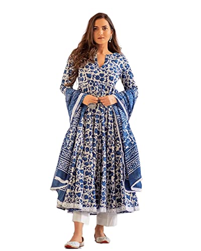 Meera Fab Women's Cotton Printed Anarkali Kurta With Palazzo & Dupatta Set Medium Blue