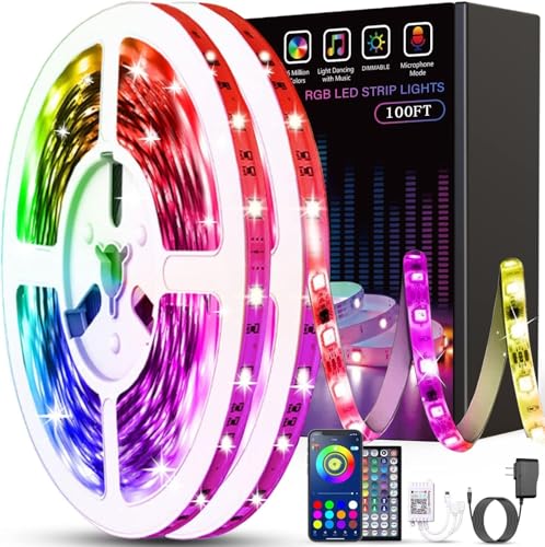 Reemeer Led Lights for Bedroom 100ft(2 Rolls of 50ft) Smart Music Sync Color Changing LED Strip Lights with App and Remote Control RGB LED Strip, LED Lights for Room Home Party Decoration