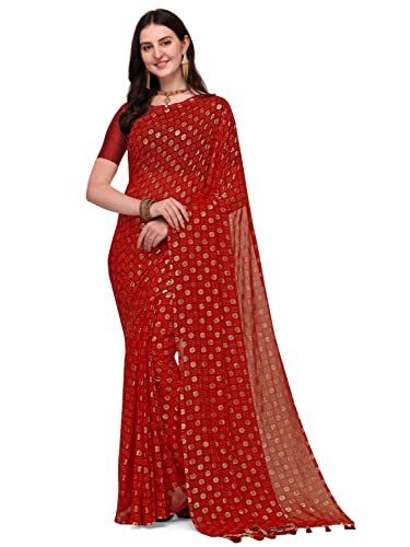 Jaanvi Bandhani-Sari für Damen, Georgette-Folie, mit ungenähtem Blusenteil, rot, One size