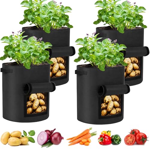 Potato Grow Bags 10 Gallon 4 Pack Fabric Pots Thickened Nonwoven Grow Bags with Reinforced Handles Garden Planting Bags for Tomato Vegetables Fruits Garden Pots Outdoor Indoor(14" Dia x 18" H)