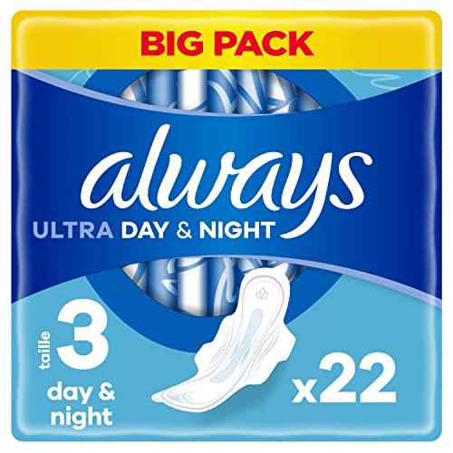 Always Ultra Serviettes Hygiéniques, Taille 3, Day & Night, 22 Serviettes Avec Ailettes, Flux Abondants Jour et Nuit, Max Confort, Super Absorbantes et Ultra Fines
