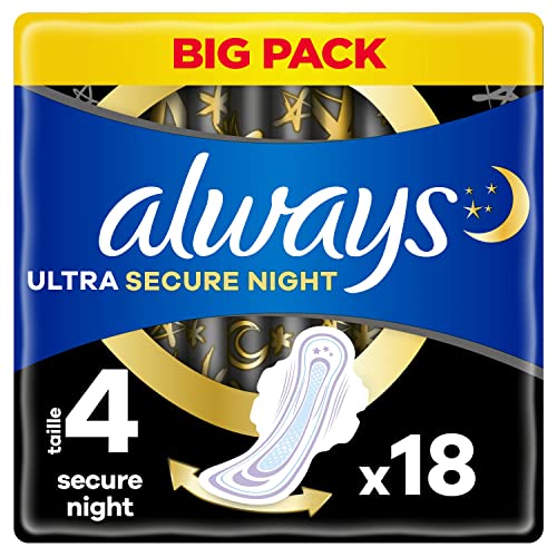 Always Ultra Serviettes Hygiéniques, Taille 4, Secure Night, 18 Serviettes Avec Ailettes, Flux Abondants Nuit, Max Confort, Super Absorbantes et Ultra Fines