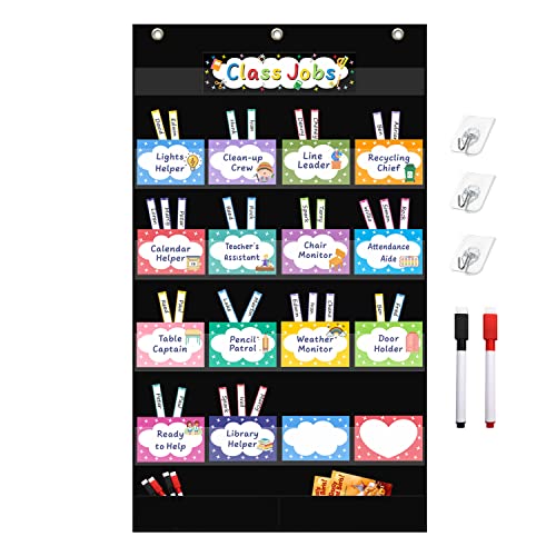 REGELETO Class Jobs Pocket Chart with 17 Pockets and 2 Storage Bags,Class Management Educational Pocket Chart Teacher's Helper Size: 33.1" L x 19.7 H" Inch Bulletin Board for Classroom (Black)