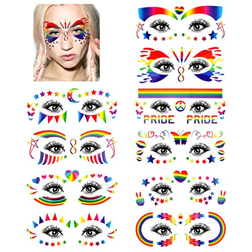 DPKOW Rainbow Face Tattoos LGBT Pride Temporary Tattoos, 10 Sheets Gay Pride Face Paints Tattoos for Kids Adults Men Women Eye Makeup, Pride Peace Butterfly Star Moon Tattoos for LGBT Pride Body Art