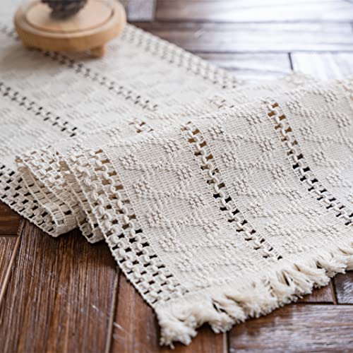 Alynsehom Macrame Table Runner Cream Beige Boho Table Runners with Tassels Hand Woven Cotton Table Runner Rustic Farmhouse Table Runners for Bohemian Kitchen Dining Table(12x71in)