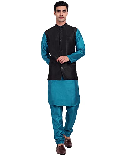 SKAVIJ Men's Indian Dupion Silk Kurta Pajama And Nehru Jacket (Waistcoat) Set for Wedding Black M