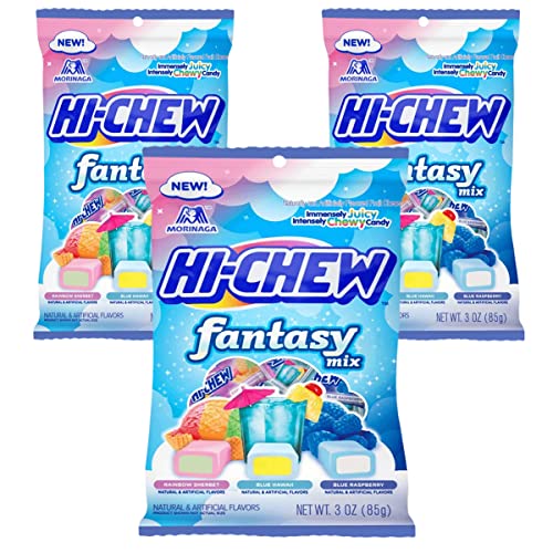 Hi Chew Candy Fantasy Mix - Rainbow Sherbet, Blue Hawaii, and Blue Raspberry Flavors, Fruity Chewy Japanese Taffy, 3oz per pack, Japanese Candy Pack of 3