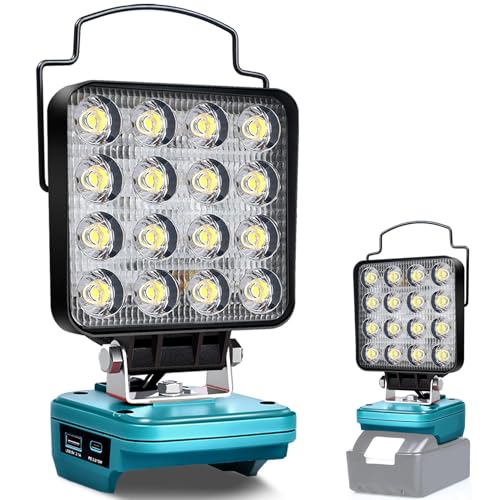 Fiihio Portable LED Work Light for Makita 18V Battery,Cordless Handheld Flood Lights Applicable to Job Site Lighting-48W 3400LM with USB & Type-C Charging Port and Low Voltage Protection, Blue