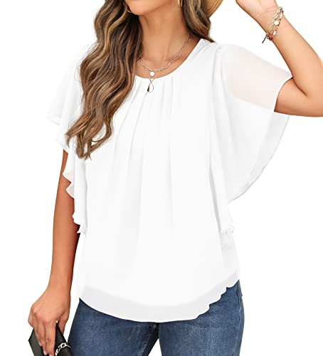 Qixing Summer Casual Loose Round Neck Chiffon Flowy Tops Blouses for Women White-M