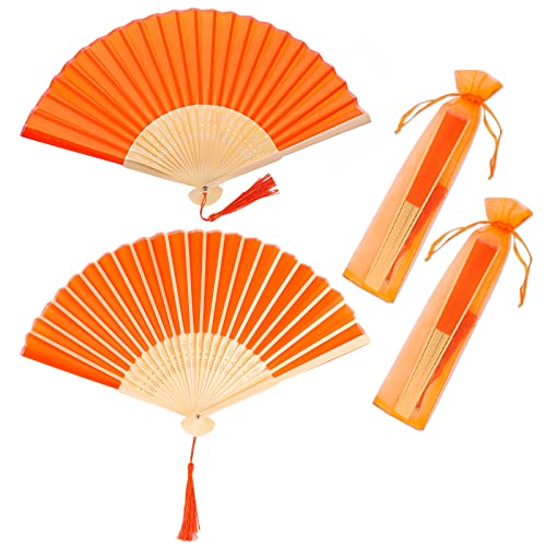 Handfächer, 2er Klein Handfächer aus Stoff für eine Abkühlung im Sommer, Faltbar Fächer mit Quaste und Fan-Tasche - für Hochzeite Bevorzugung Aufführung Tanz Dekoration (Orange)