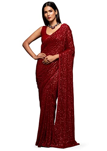TRENDMALLS Damen Heavy Georgette Pailletten Arbeit Heavy Sari mit Bluse, Rot/Ausflug, einfarbig (Getaway Solids), Einheitsgröße