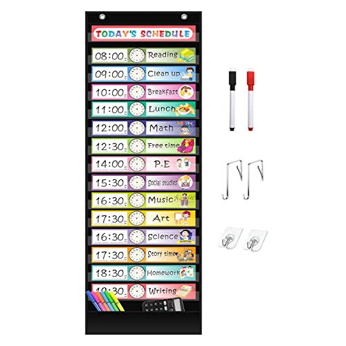 REGELETO 15+1 Pockets Daily Schedule Pocket Chart with 30 Pcs Double-Sided Reusable Cards, Scheduling Pocket Chart for Classroom Office Home Preschool Activity(Black)…