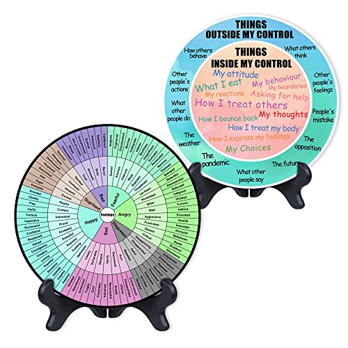 2Pcs Feelings Wheel Office Desk Decor, Double-Sided Wood Emotion Wheel with Black Base, Things Inside/Outside My Control Room Home Table Decoration Gift for Office Women Men