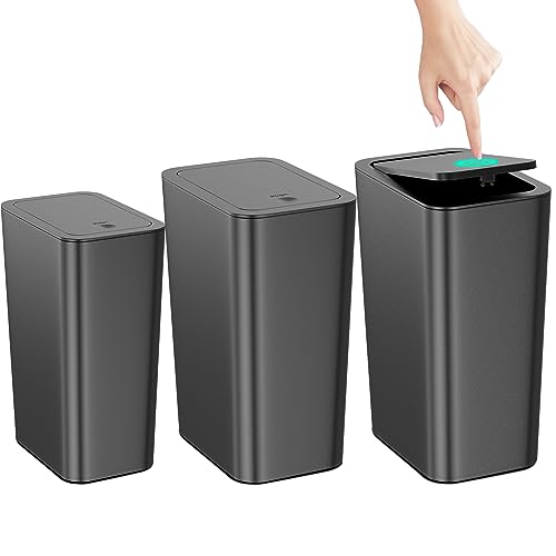 N. NETDOT Bathroom Trash Can with Lid 3 Pack Set, 2 Packs 4 Gal Slim Kitchen Trash Can and 1 Pack 2.6Gal Garbage Can, Small Trash Can/Trash Bin/Waste Basket for Bedroom (Black, Pack of 3)