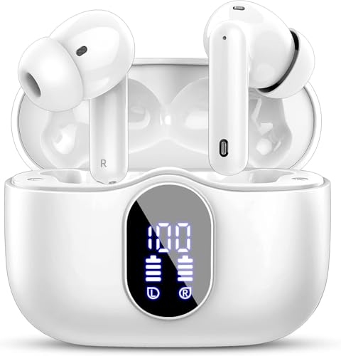Btootos Wireless Earbuds, Bluetooth 5.3 Headphones In Ear with 4 ENC Noise Cancelling Mic, 2025 New Bluetooth Earphones Mini Deep Bass Stereo Sound, 36H Playtime LED Display Wireless Earbuds White