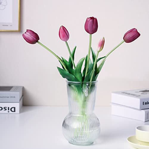 WAKISAKI 16-inch Premium Real Touch Fake Tulips, Artificial Flowers with Buds, Flexible Stem Easy to Shape, Faux Tulips (Vase not Included), 5-Pack Set of Royal Purple