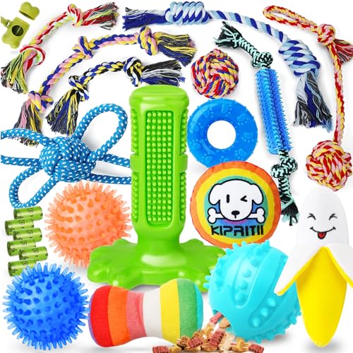 KIPRITII Dog Toys for Puppy Teething - 23 Pack Puppy Teething Toys for Boredom, Pet Dog Toothbrush Dog Toys with Rope Toys, Dog Treat Ball and More Squeaky Toy for Puppies and Small Dogs