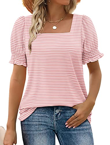 WIHOLL Square Neck Tops for Women Cute Spring Summer 2025 Fashion Trendy Short Sleeve Shirts and Blouses Pink S