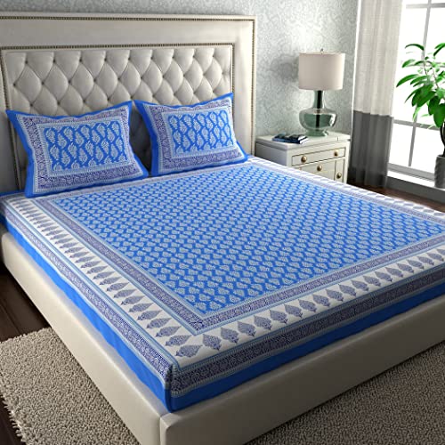 La Verne104 TC 100% Cotton Jaipuri Rjasathani Hand Print Bedsheet with 2 Pillow Covers (L.Blue)