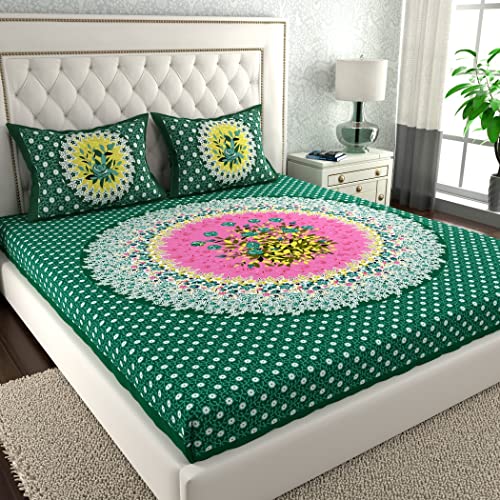 La Verne104 TC 100% Cotton Jaipuri Rjasathani Hand Print Bedsheet with 2 Pillow Covers (L.Green)