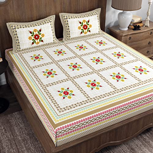 La Verne104 TC 100% Cotton Jaipuri Rjasathani Hand Print Bedsheet with 2 Pillow Covers (Cream)
