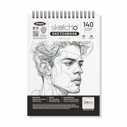 Anupam Sketch-O Sketchbook A5 | 50 Sheet 100 Pages | 140GSM | Durable Acid Free Drawing Paper |Top Spiral-Bound Sketchpad for Artists Kids & Professionals for Marker Colored Pencil Charcoal